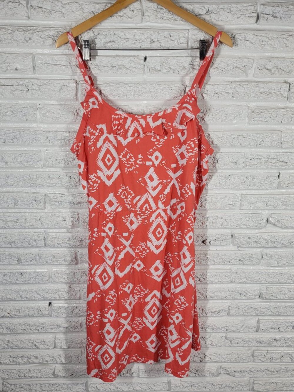 Faded Glory XL Orange White Geometric Slip Dress Ruffle Fit Flare Cotton GEO141E